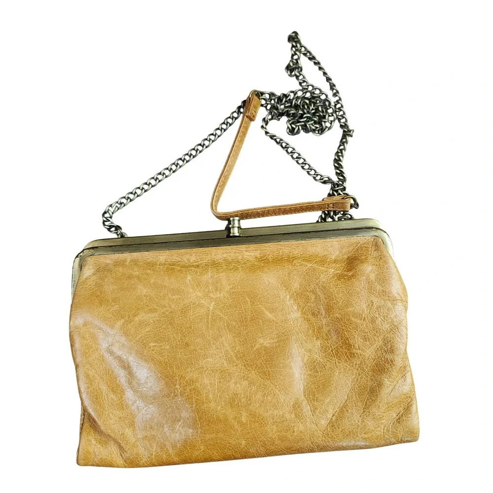 Hobo Lauren Double Frame Leather Wallet Clutch Crossbody Honey Tan Brass Chain